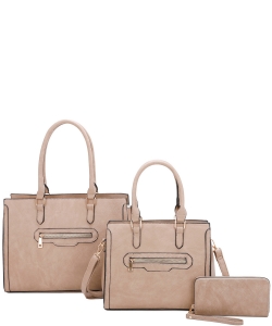 3 In1 Plain Zipper Satchel Bag with Bag and Wallet Set LF-22511 STONE